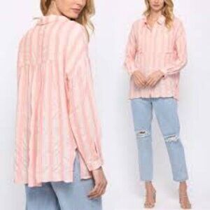 FATE Pink Woven Stripe Bohemian Button Up Relaxed Long Sleeve Beach Medium Top
